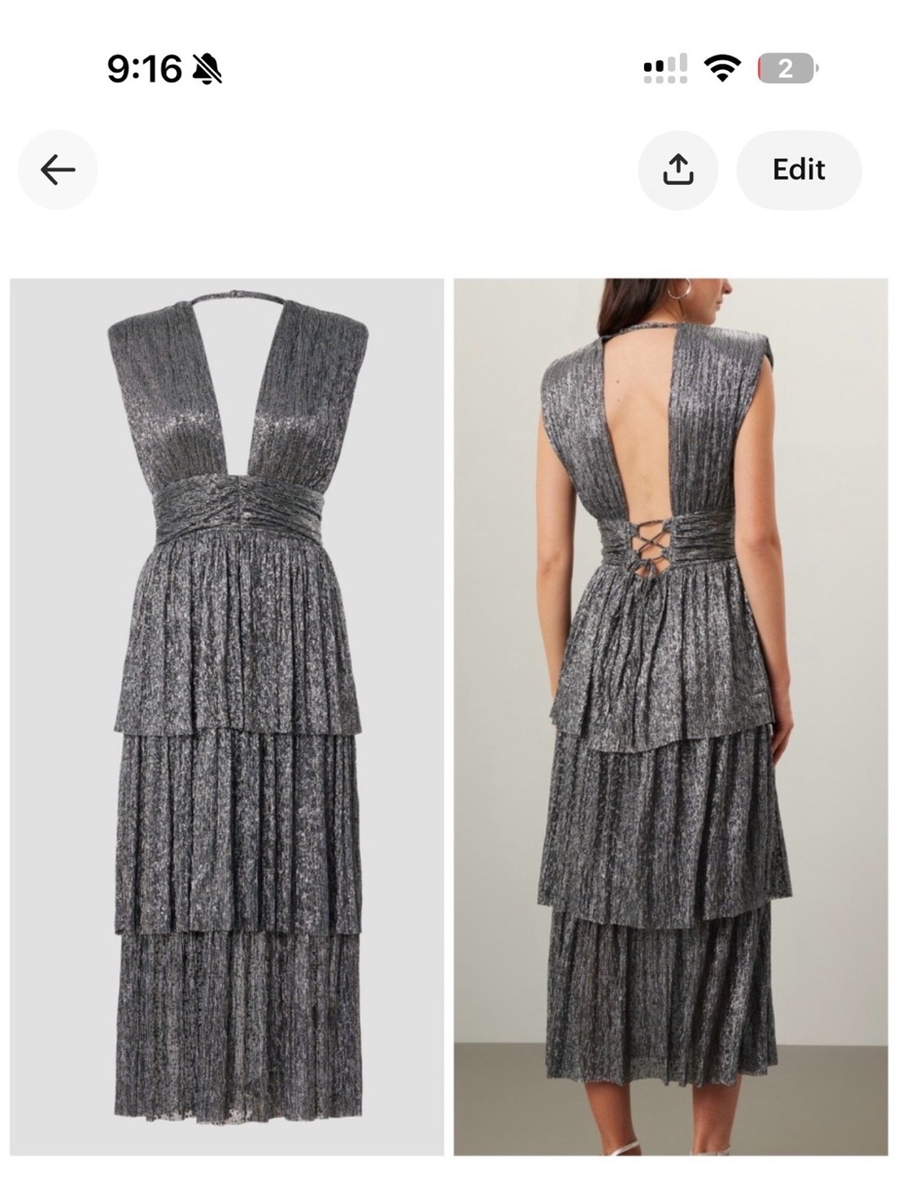 Sabina Musayev Metallic Tiered V-Back Midi Dress - Silver